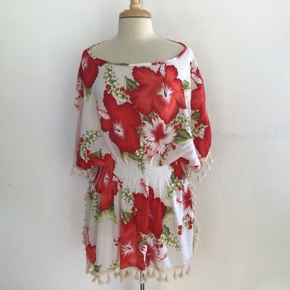 Sun Carl hibiscus print with tassel braided edged swim coverup size L/XL - Picture 1 of 6